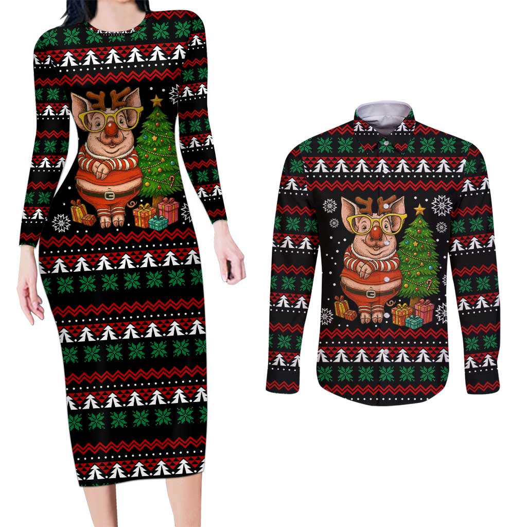 Pig Gorgeous Reindeer Christmas Couples Matching Long Sleeve Bodycon Dress and Long Sleeve Button Shirt Xmas Holiday Patterns - Wonder Print Shop