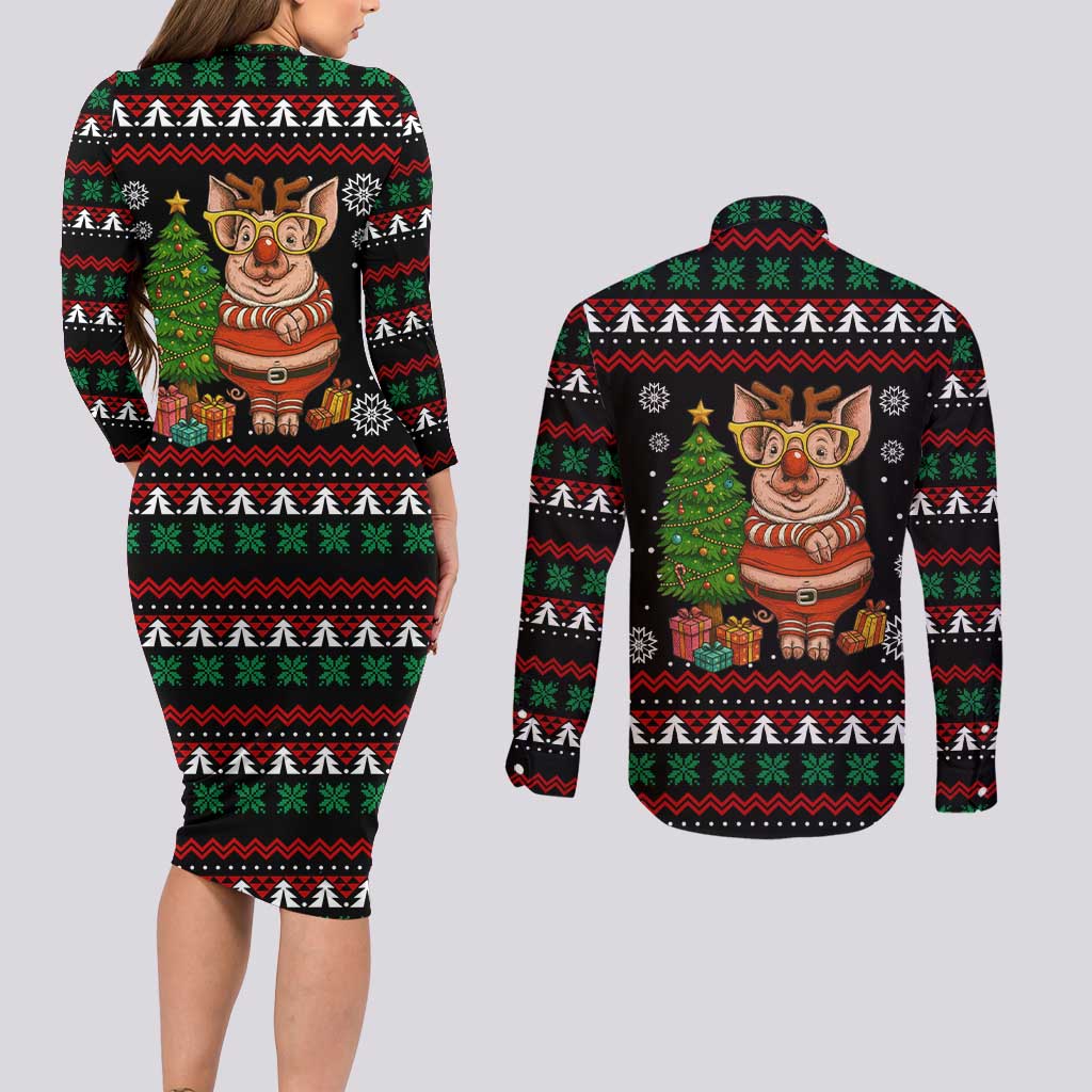 Pig Gorgeous Reindeer Christmas Couples Matching Long Sleeve Bodycon Dress and Long Sleeve Button Shirt Xmas Holiday Patterns - Wonder Print Shop