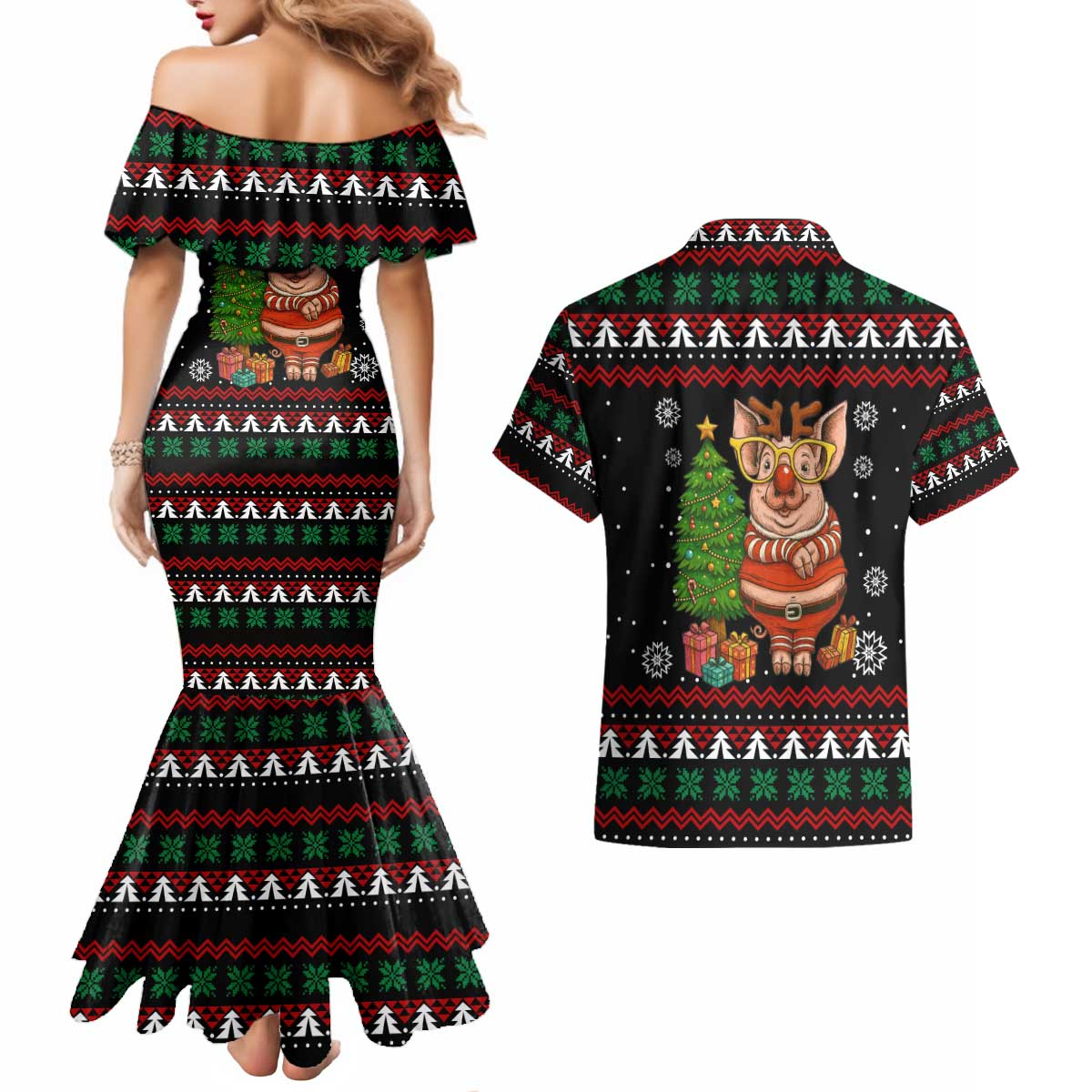 Pig Gorgeous Reindeer Christmas Couples Matching Mermaid Dress and Hawaiian Shirt Xmas Holiday Patterns - Wonder Print Shop