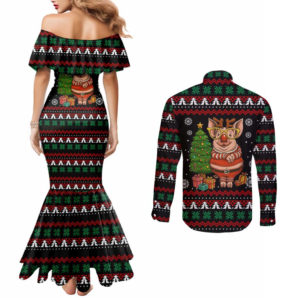 Pig Gorgeous Reindeer Christmas Couples Matching Mermaid Dress and Long Sleeve Button Shirt Xmas Holiday Patterns - Wonder Print Shop