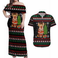 Pig Gorgeous Reindeer Christmas Couples Matching Off Shoulder Maxi Dress and Hawaiian Shirt Xmas Holiday Patterns - Wonder Print Shop