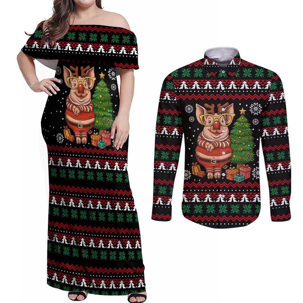 Pig Gorgeous Reindeer Christmas Couples Matching Off Shoulder Maxi Dress and Long Sleeve Button Shirt Xmas Holiday Patterns - Wonder Print Shop