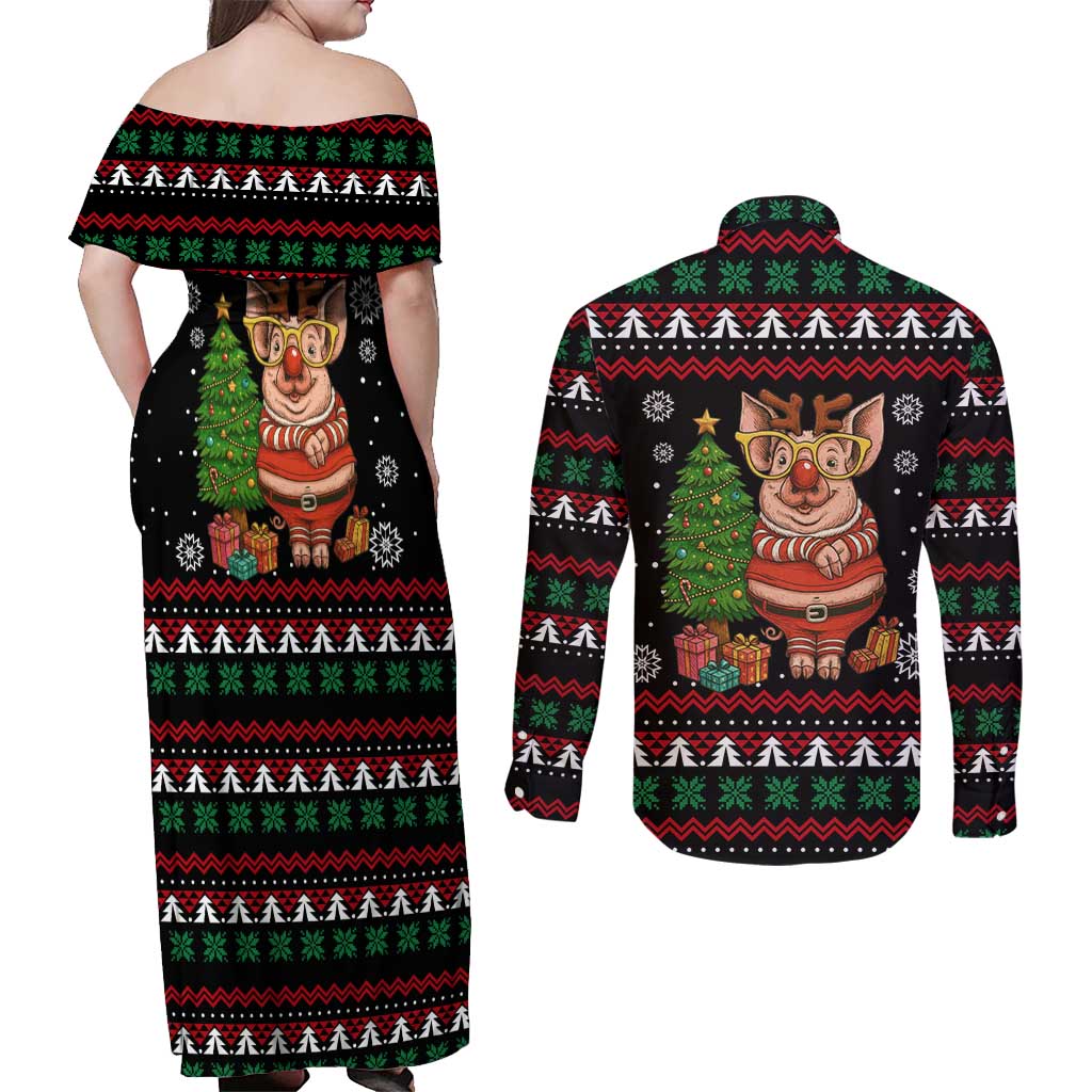 Pig Gorgeous Reindeer Christmas Couples Matching Off Shoulder Maxi Dress and Long Sleeve Button Shirt Xmas Holiday Patterns - Wonder Print Shop