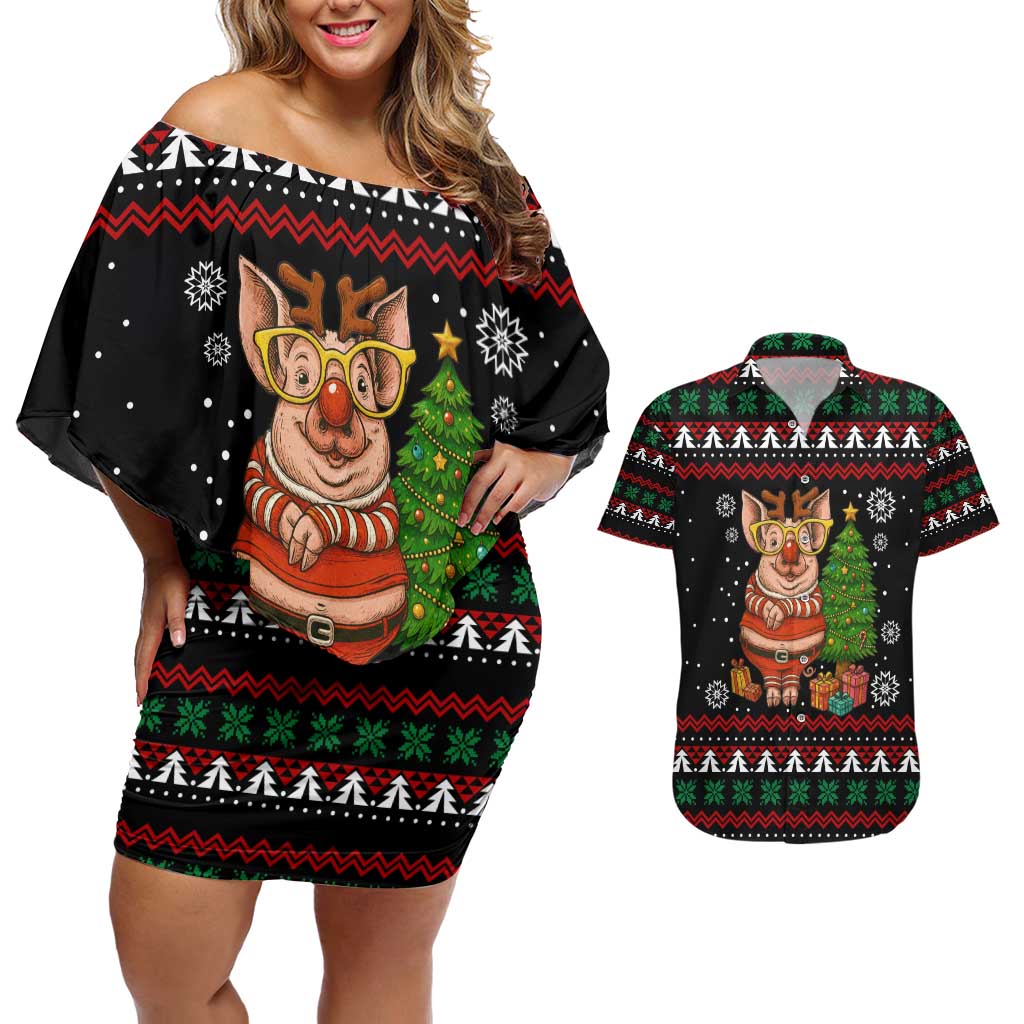 Pig Gorgeous Reindeer Christmas Couples Matching Off Shoulder Short Dress and Hawaiian Shirt Xmas Holiday Patterns - Wonder Print Shop