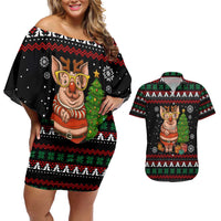 Pig Gorgeous Reindeer Christmas Couples Matching Off Shoulder Short Dress and Hawaiian Shirt Xmas Holiday Patterns - Wonder Print Shop