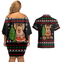 Pig Gorgeous Reindeer Christmas Couples Matching Off Shoulder Short Dress and Hawaiian Shirt Xmas Holiday Patterns - Wonder Print Shop