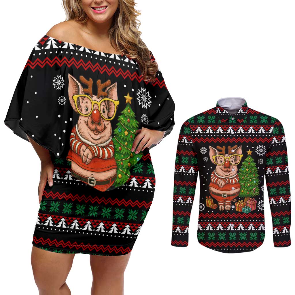 Pig Gorgeous Reindeer Christmas Couples Matching Off Shoulder Short Dress and Long Sleeve Button Shirt Xmas Holiday Patterns - Wonder Print Shop
