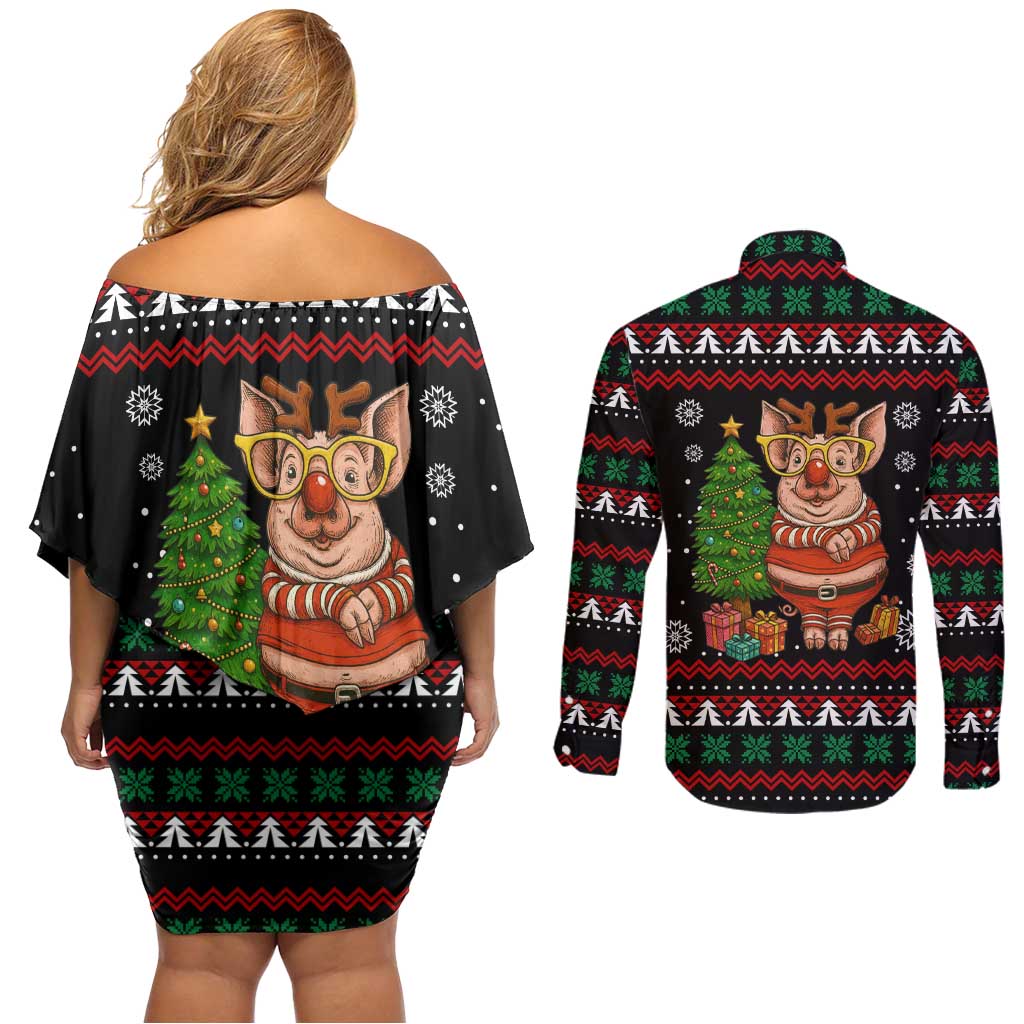 Pig Gorgeous Reindeer Christmas Couples Matching Off Shoulder Short Dress and Long Sleeve Button Shirt Xmas Holiday Patterns - Wonder Print Shop