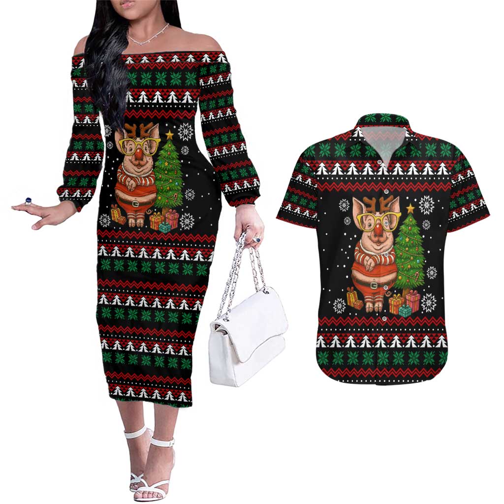 Pig Gorgeous Reindeer Christmas Couples Matching Off The Shoulder Long Sleeve Dress and Hawaiian Shirt Xmas Holiday Patterns - Wonder Print Shop
