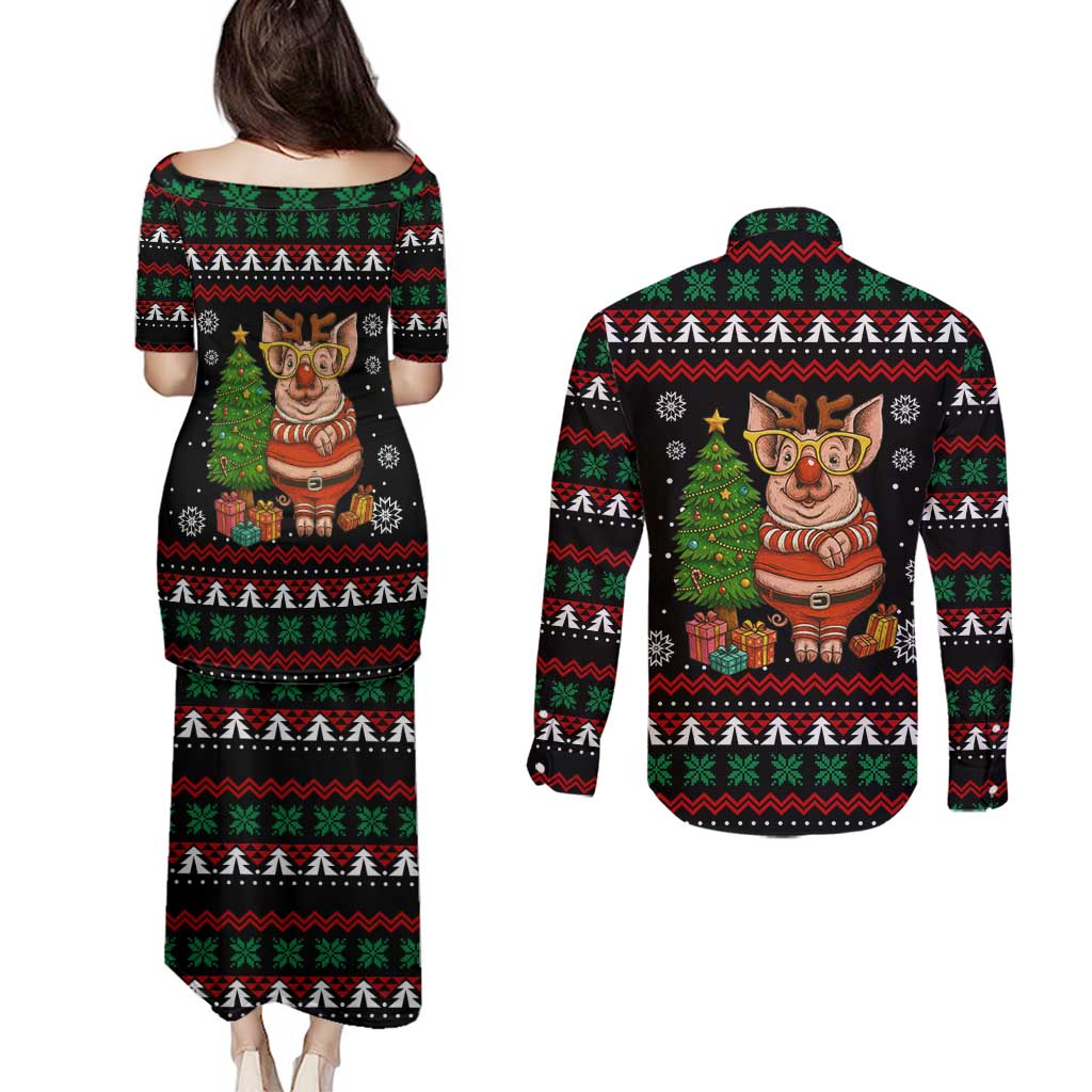 Pig Gorgeous Reindeer Christmas Couples Matching Puletasi and Long Sleeve Button Shirt Xmas Holiday Patterns - Wonder Print Shop
