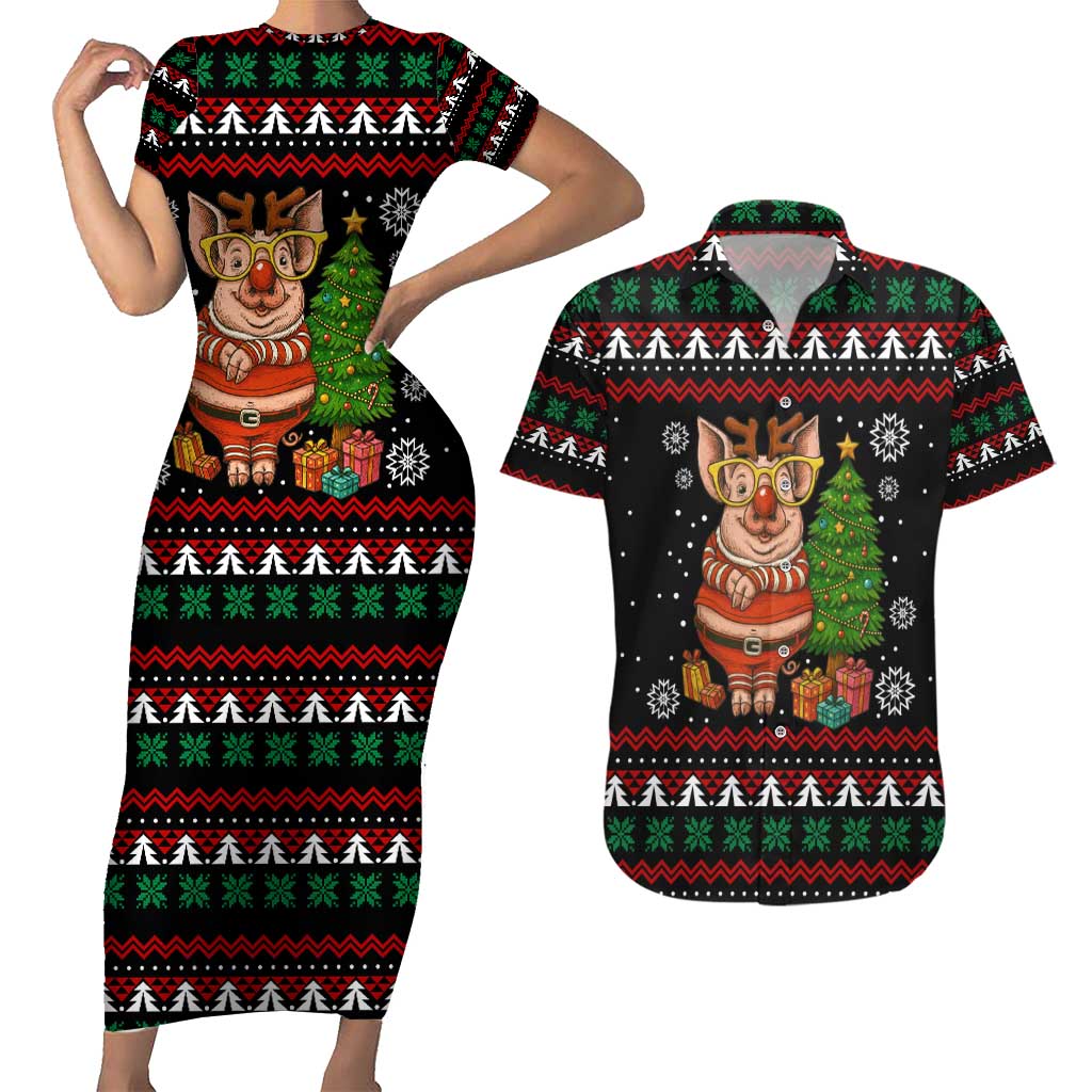 Pig Gorgeous Reindeer Christmas Couples Matching Short Sleeve Bodycon Dress and Hawaiian Shirt Xmas Holiday Patterns - Wonder Print Shop