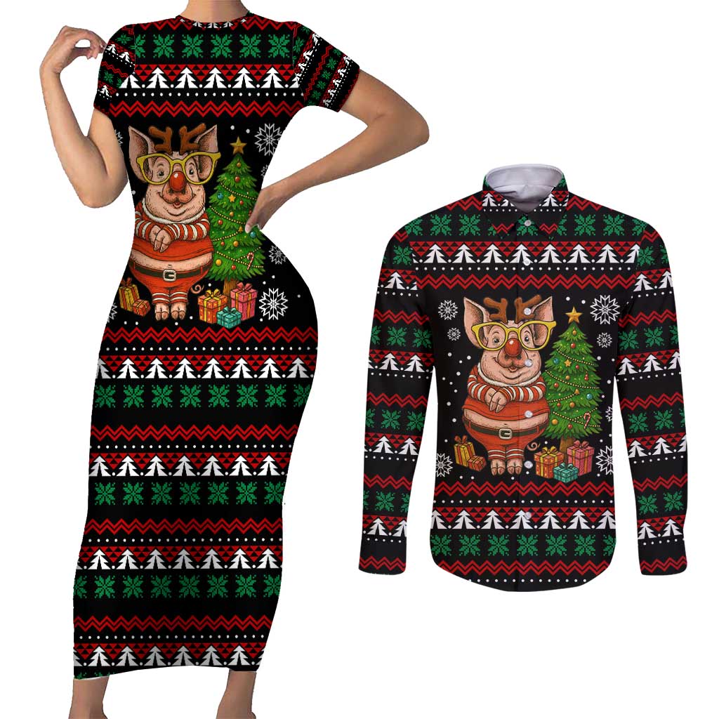 Pig Gorgeous Reindeer Christmas Couples Matching Short Sleeve Bodycon Dress and Long Sleeve Button Shirt Xmas Holiday Patterns - Wonder Print Shop