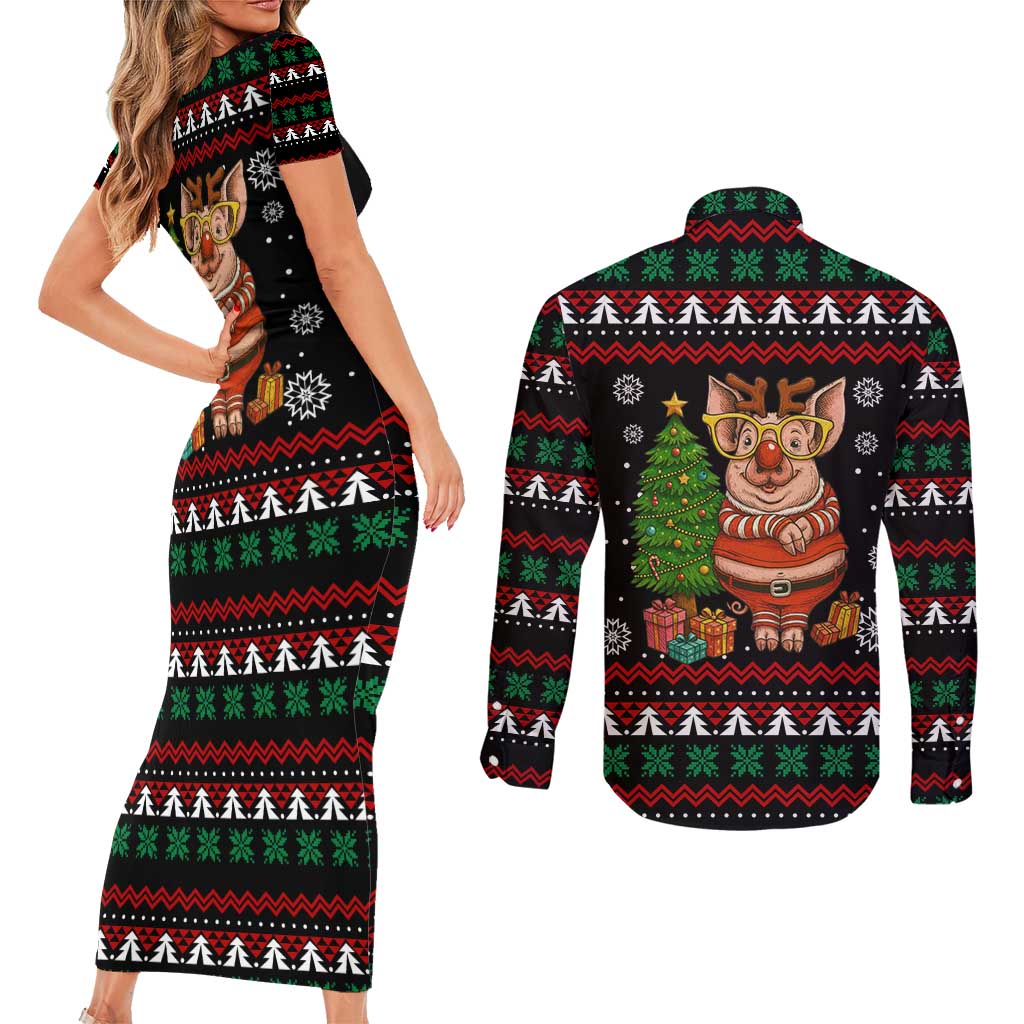 Pig Gorgeous Reindeer Christmas Couples Matching Short Sleeve Bodycon Dress and Long Sleeve Button Shirt Xmas Holiday Patterns - Wonder Print Shop