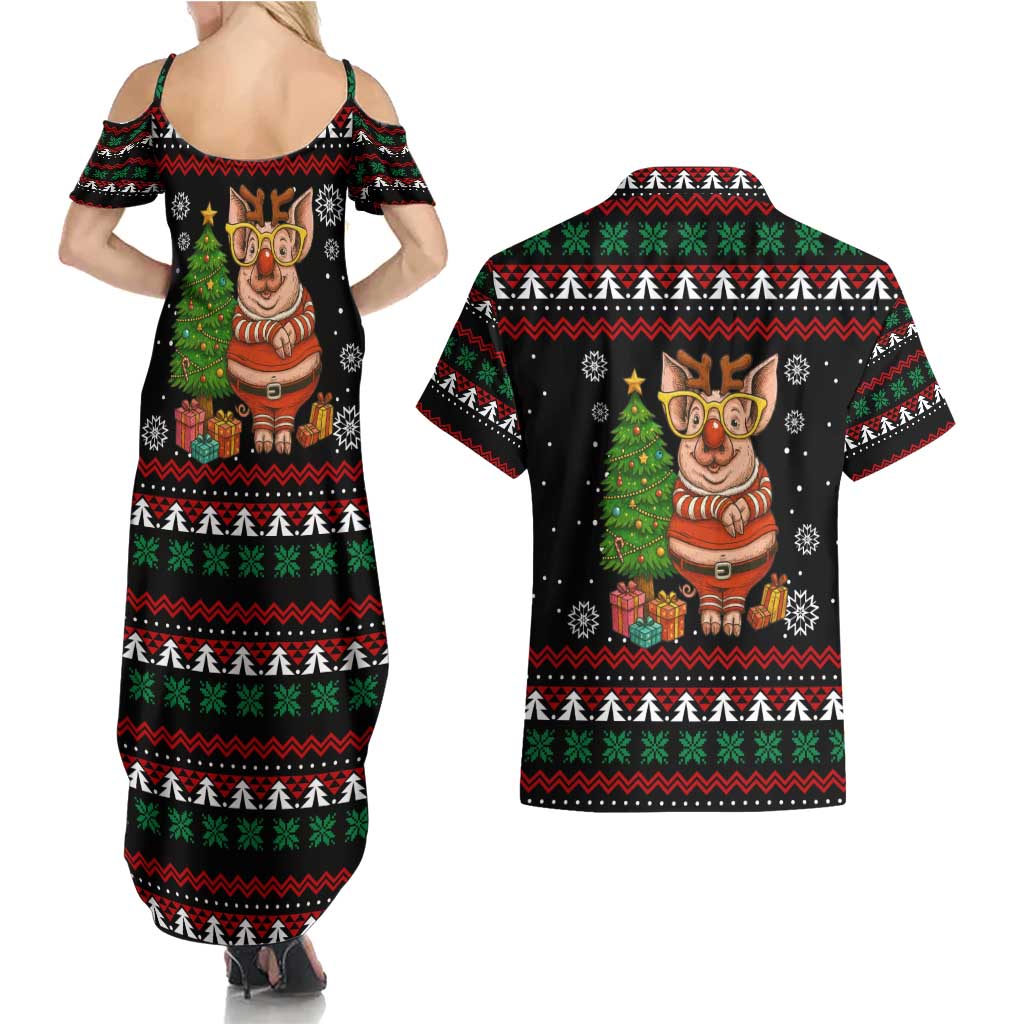 Pig Gorgeous Reindeer Christmas Couples Matching Summer Maxi Dress and Hawaiian Shirt Xmas Holiday Patterns - Wonder Print Shop