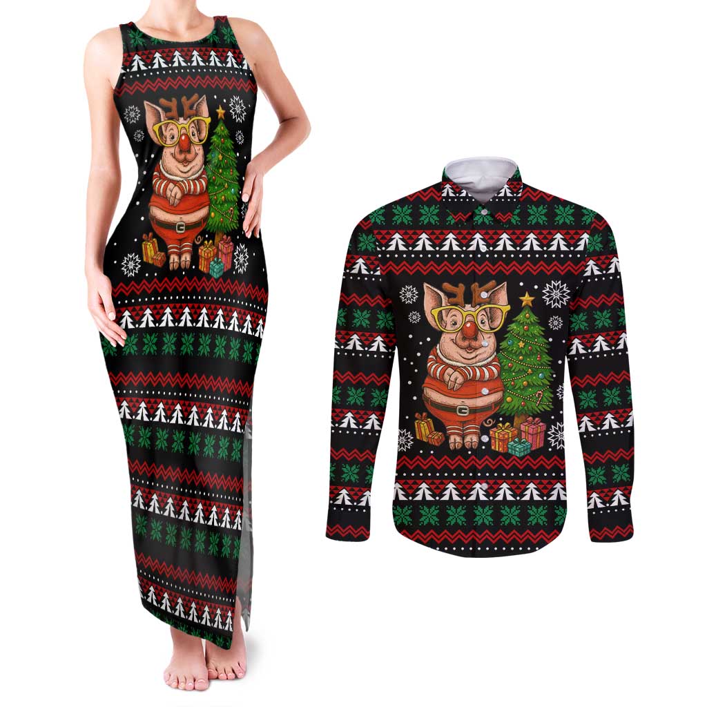 Pig Gorgeous Reindeer Christmas Couples Matching Tank Maxi Dress and Long Sleeve Button Shirt Xmas Holiday Patterns - Wonder Print Shop
