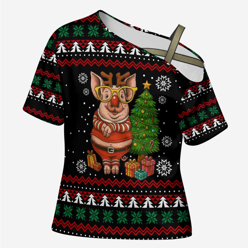 Pig Gorgeous Reindeer Christmas Cross Shoulder Shirt Xmas Holiday Patterns - Wonder Print Shop