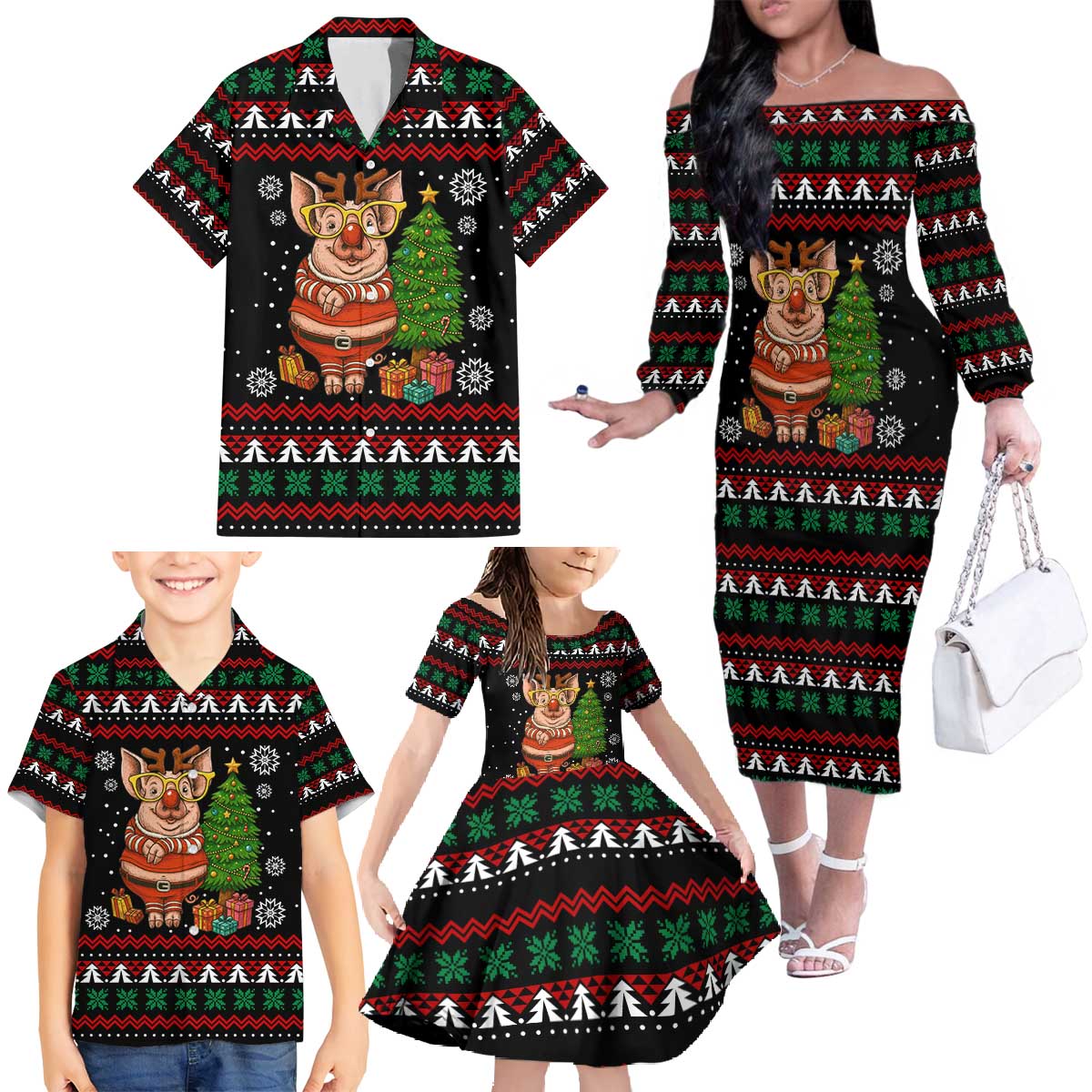 Pig Gorgeous Reindeer Christmas Family Matching Off The Shoulder Long Sleeve Dress and Hawaiian Shirt Xmas Holiday Patterns - Wonder Print Shop