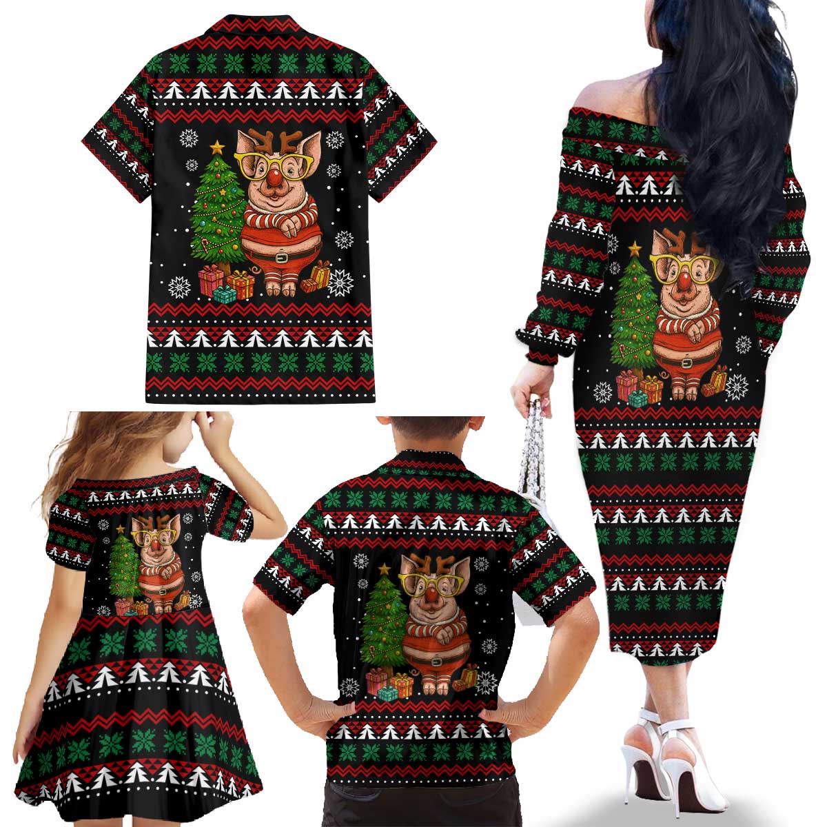 Pig Gorgeous Reindeer Christmas Family Matching Off The Shoulder Long Sleeve Dress and Hawaiian Shirt Xmas Holiday Patterns - Wonder Print Shop