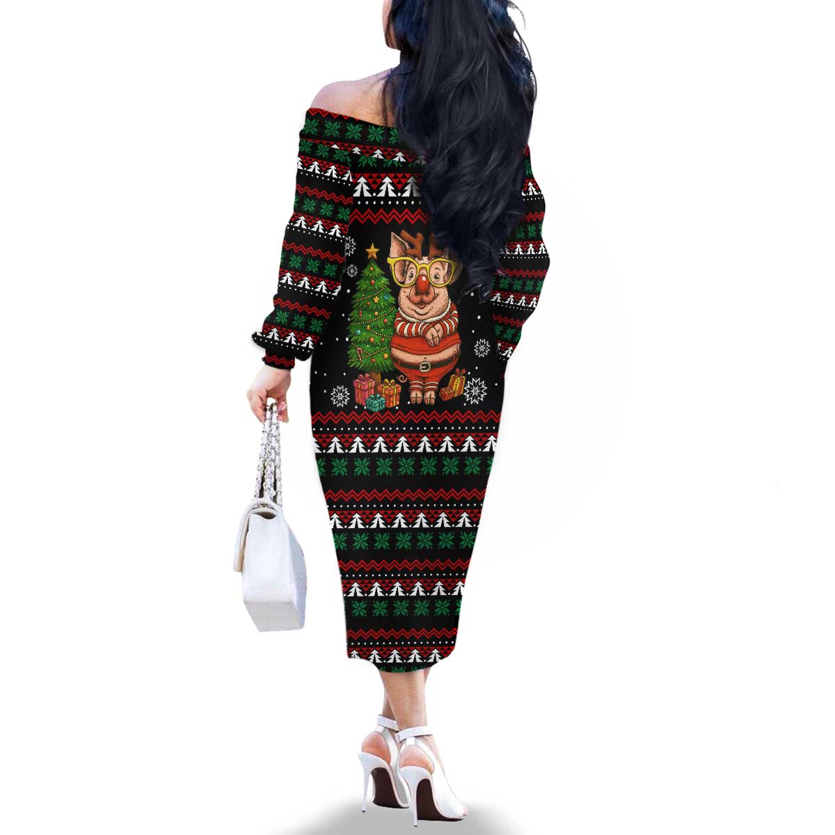 Pig Gorgeous Reindeer Christmas Family Matching Off The Shoulder Long Sleeve Dress and Hawaiian Shirt Xmas Holiday Patterns - Wonder Print Shop