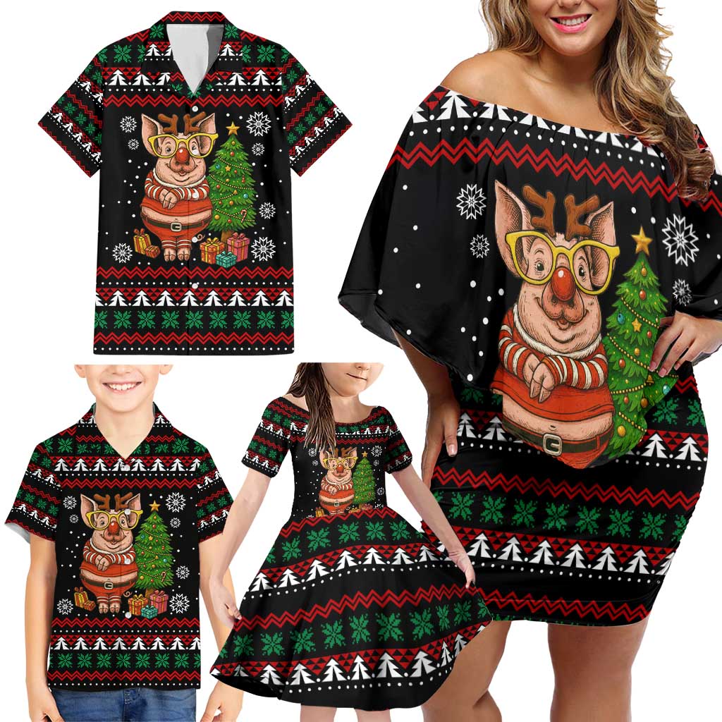 Pig Gorgeous Reindeer Christmas Family Matching Off Shoulder Short Dress and Hawaiian Shirt Xmas Holiday Patterns - Wonder Print Shop