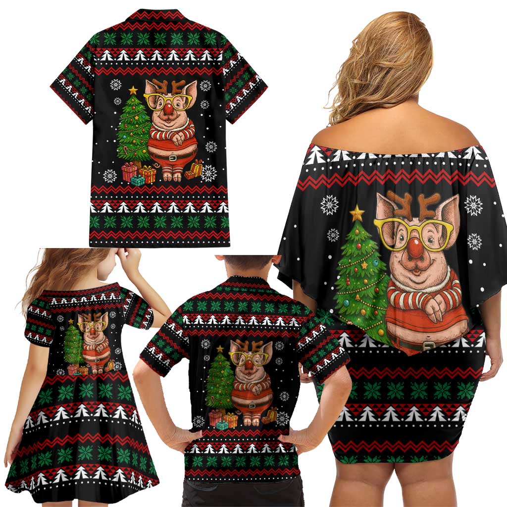 Pig Gorgeous Reindeer Christmas Family Matching Off Shoulder Short Dress and Hawaiian Shirt Xmas Holiday Patterns - Wonder Print Shop