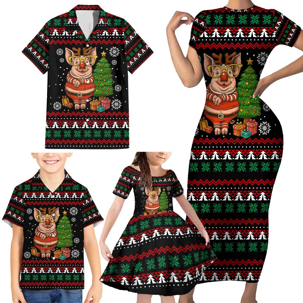 Pig Gorgeous Reindeer Christmas Family Matching Short Sleeve Bodycon Dress and Hawaiian Shirt Xmas Holiday Patterns - Wonder Print Shop