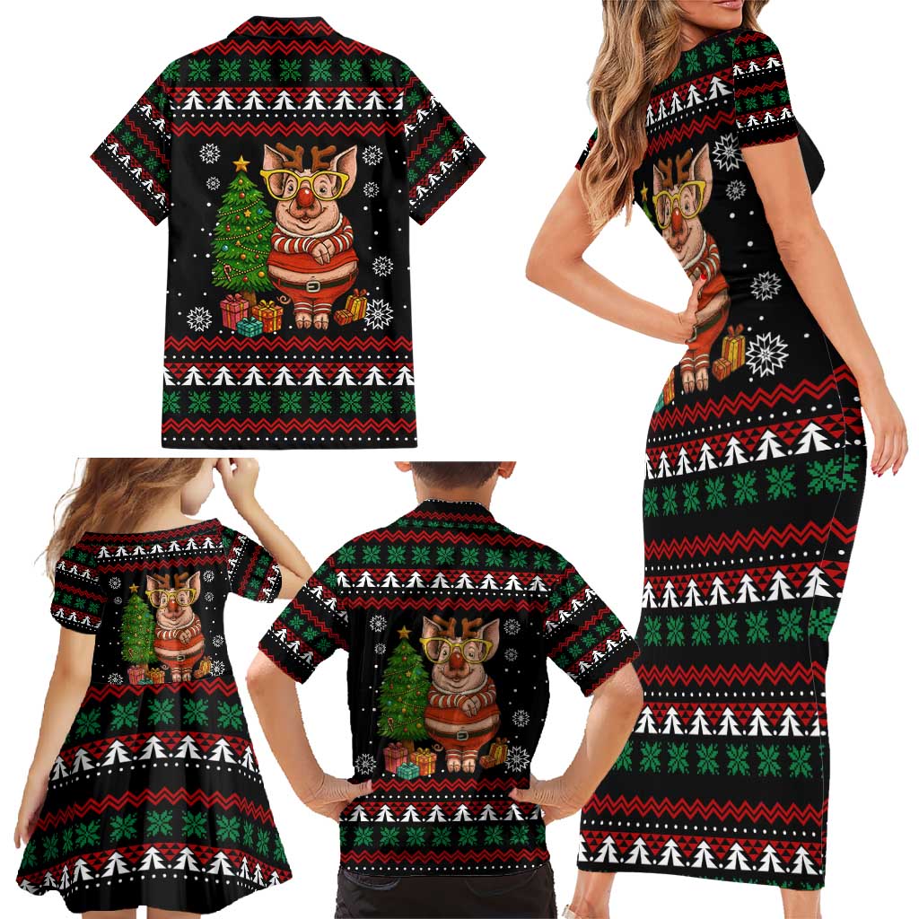 Pig Gorgeous Reindeer Christmas Family Matching Short Sleeve Bodycon Dress and Hawaiian Shirt Xmas Holiday Patterns - Wonder Print Shop