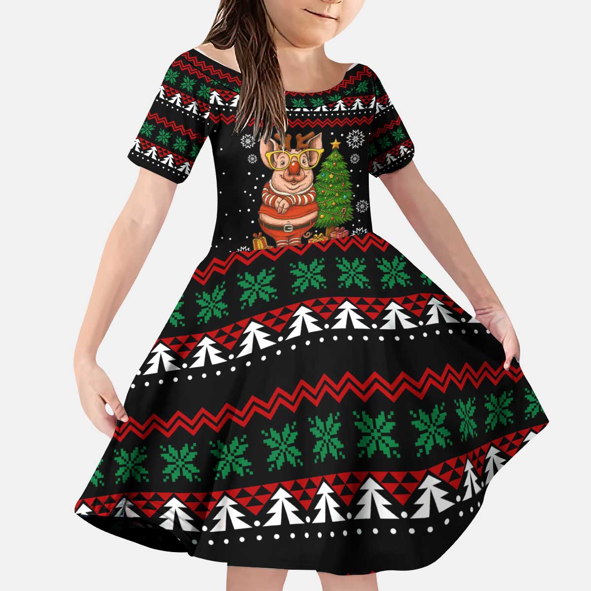 Pig Gorgeous Reindeer Christmas Kid Short Sleeve Dress Xmas Holiday Patterns - Wonder Print Shop