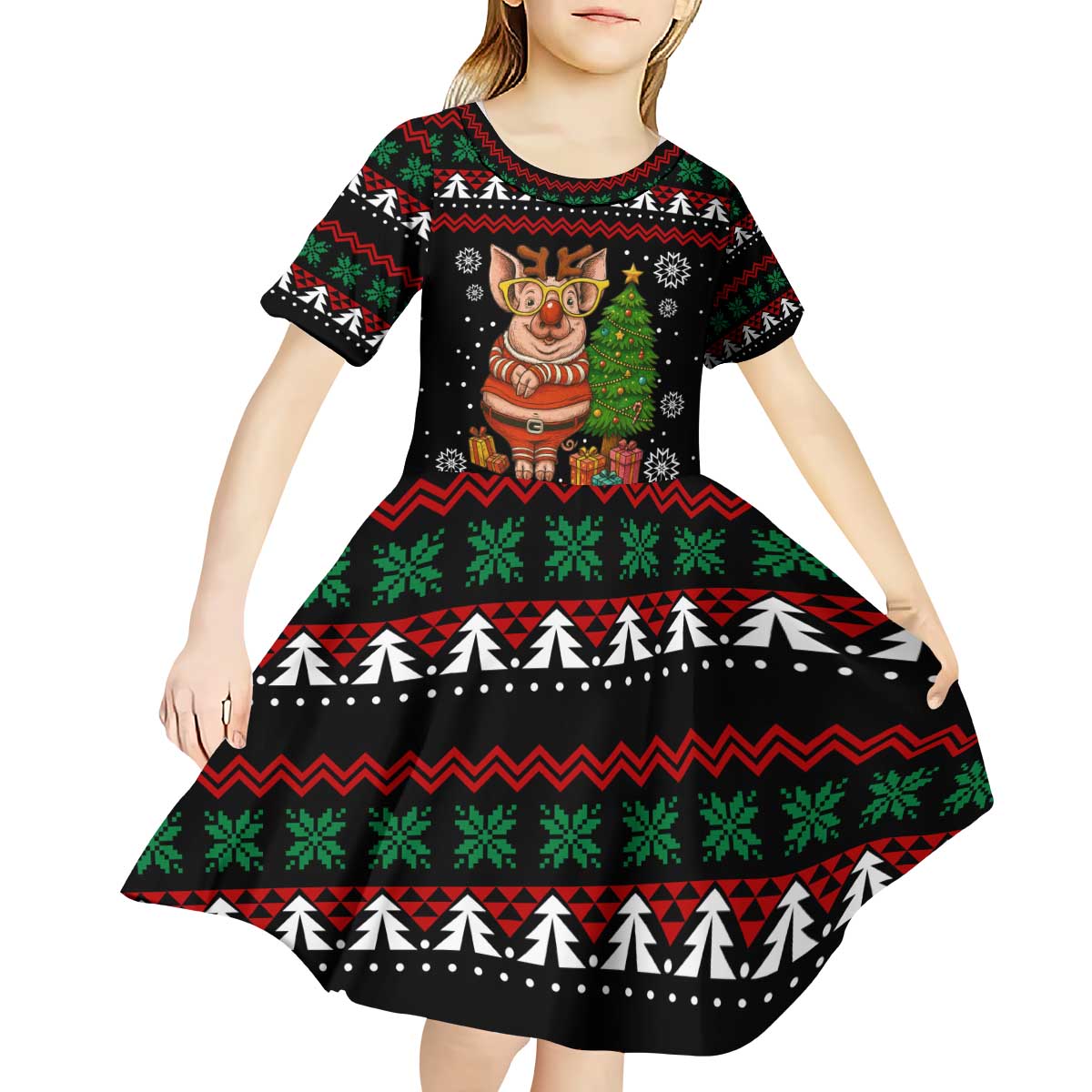 Pig Gorgeous Reindeer Christmas Kid Short Sleeve Dress Xmas Holiday Patterns - Wonder Print Shop