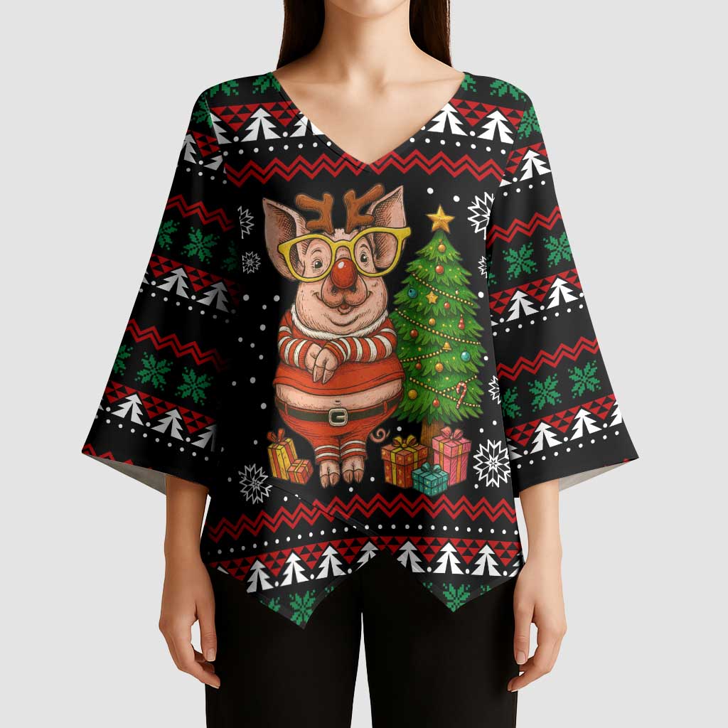 Pig Gorgeous Reindeer Christmas Kimono Sleeve Blouse Xmas Holiday Patterns - Wonder Print Shop