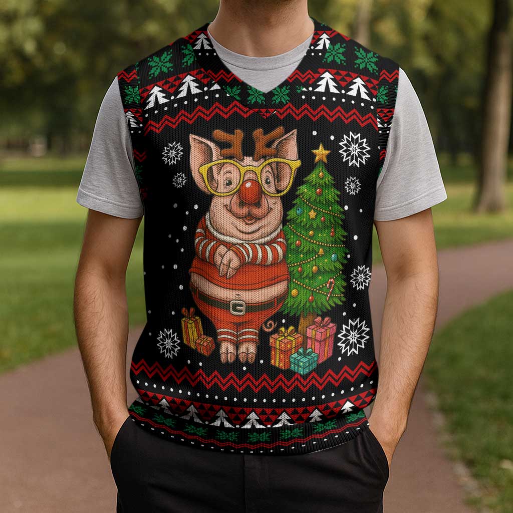 Pig Gorgeous Reindeer Christmas Knitted V-Neck Vest Xmas Holiday Patterns - Wonder Print Shop