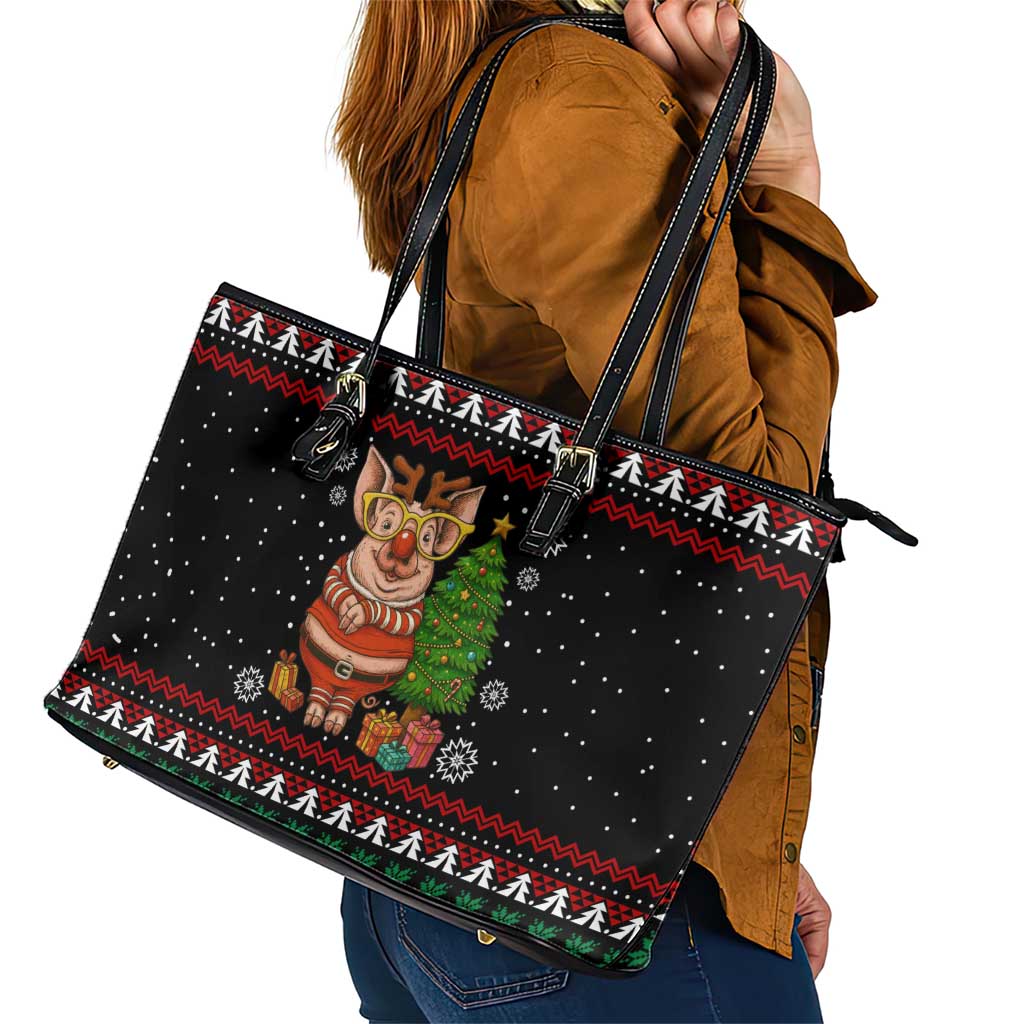 Pig Gorgeous Reindeer Christmas Leather Tote Bag Xmas Holiday Patterns - Wonder Print Shop