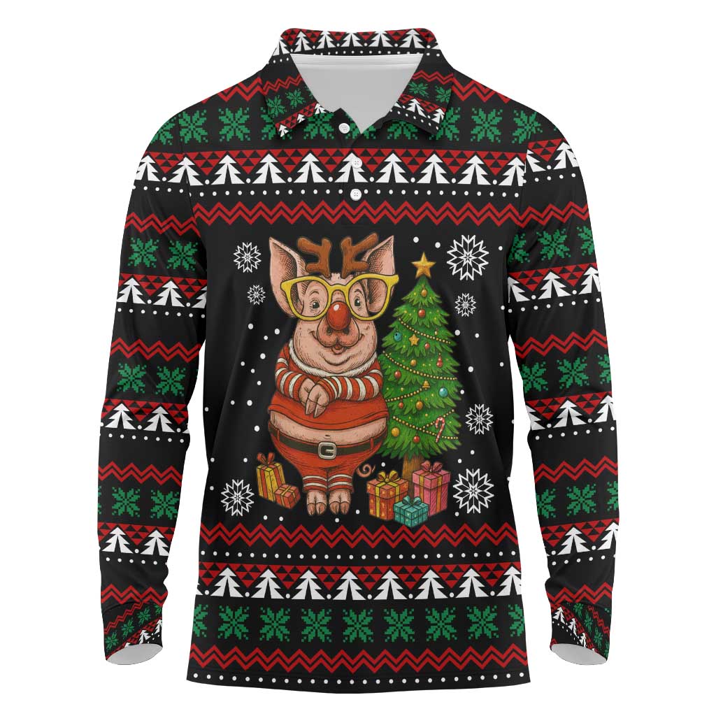 Pig Gorgeous Reindeer Christmas Long Sleeve Polo Shirt Xmas Holiday Patterns - Wonder Print Shop