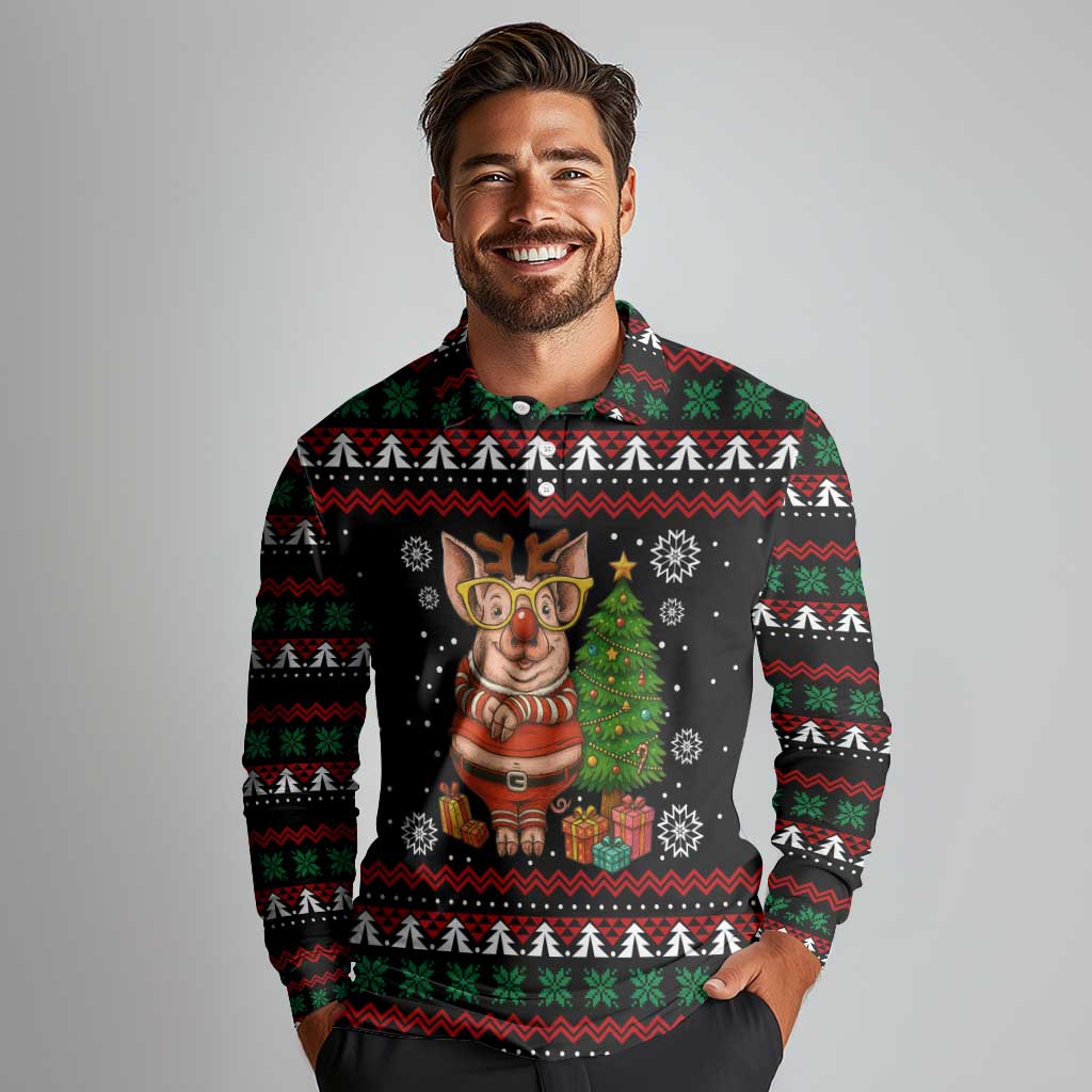 Pig Gorgeous Reindeer Christmas Long Sleeve Polo Shirt Xmas Holiday Patterns - Wonder Print Shop