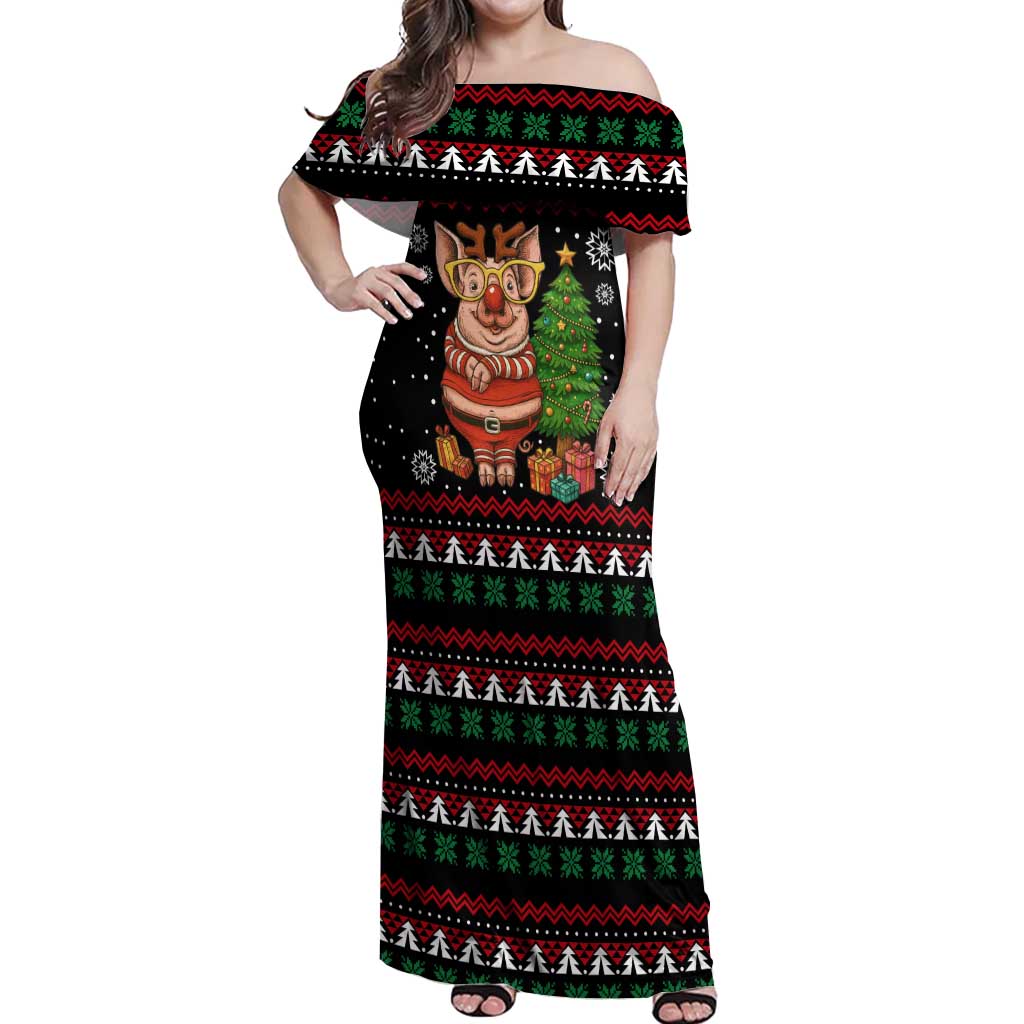 Pig Gorgeous Reindeer Christmas Off Shoulder Maxi Dress Xmas Holiday Patterns - Wonder Print Shop