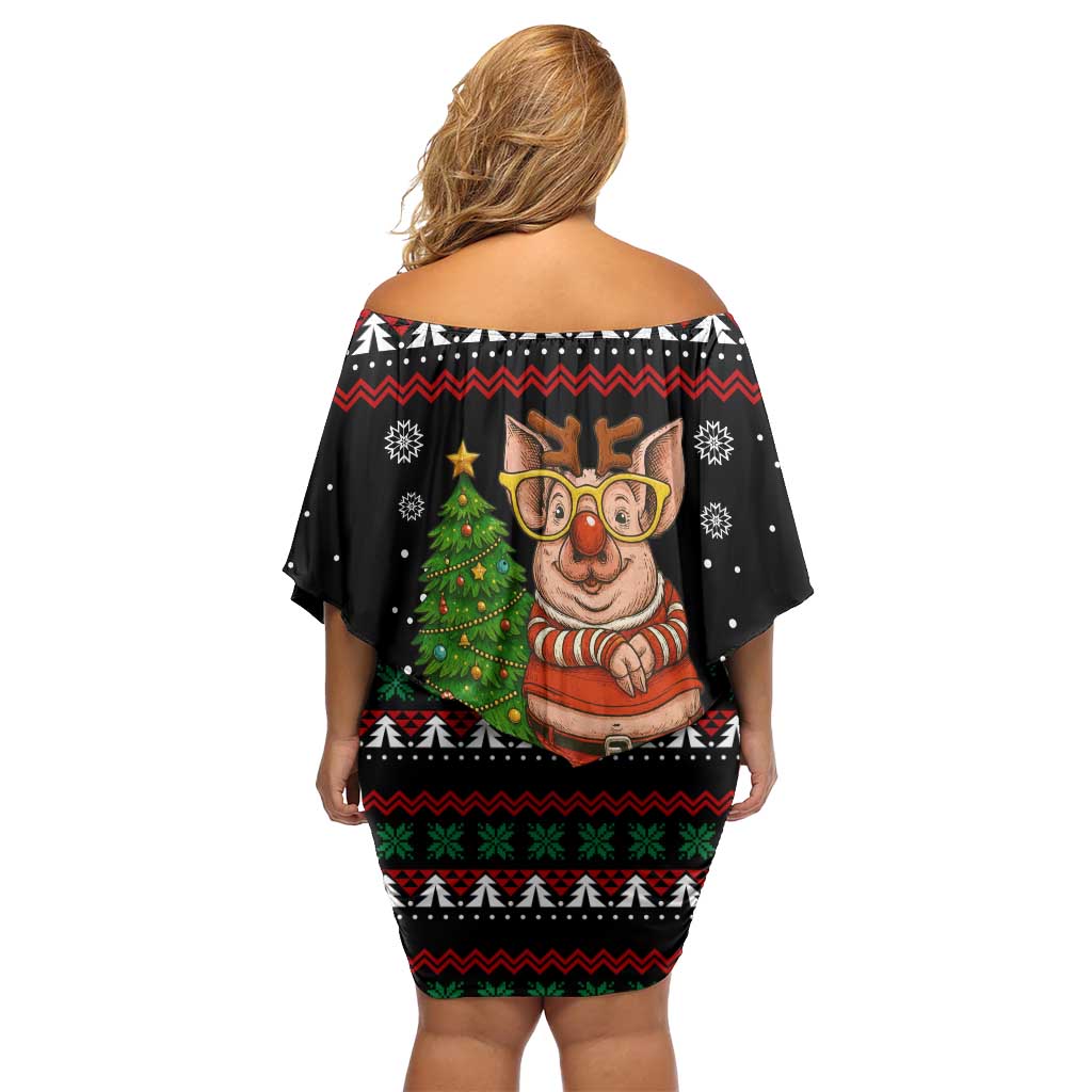 Pig Gorgeous Reindeer Christmas Off Shoulder Short Dress Xmas Holiday Patterns - Wonder Print Shop