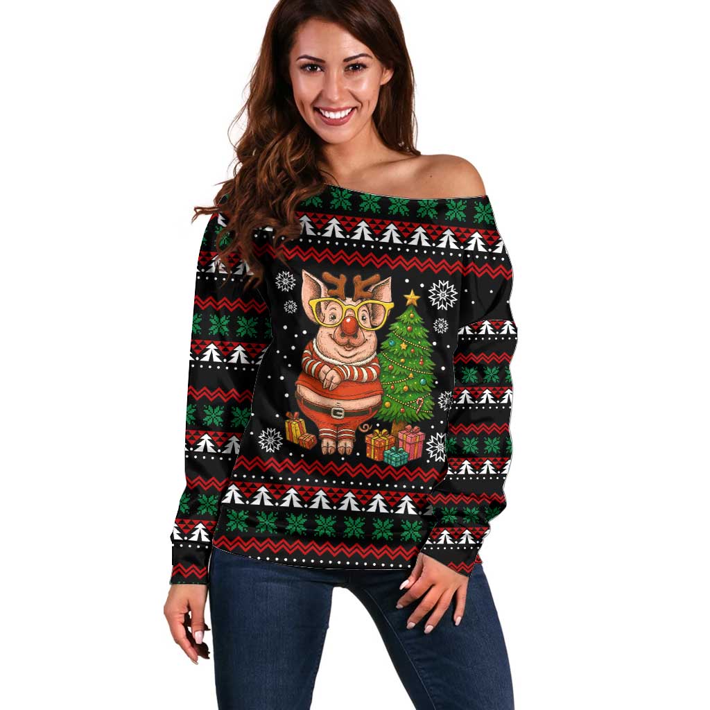 Pig Gorgeous Reindeer Christmas Off Shoulder Sweater Xmas Holiday Patterns - Wonder Print Shop