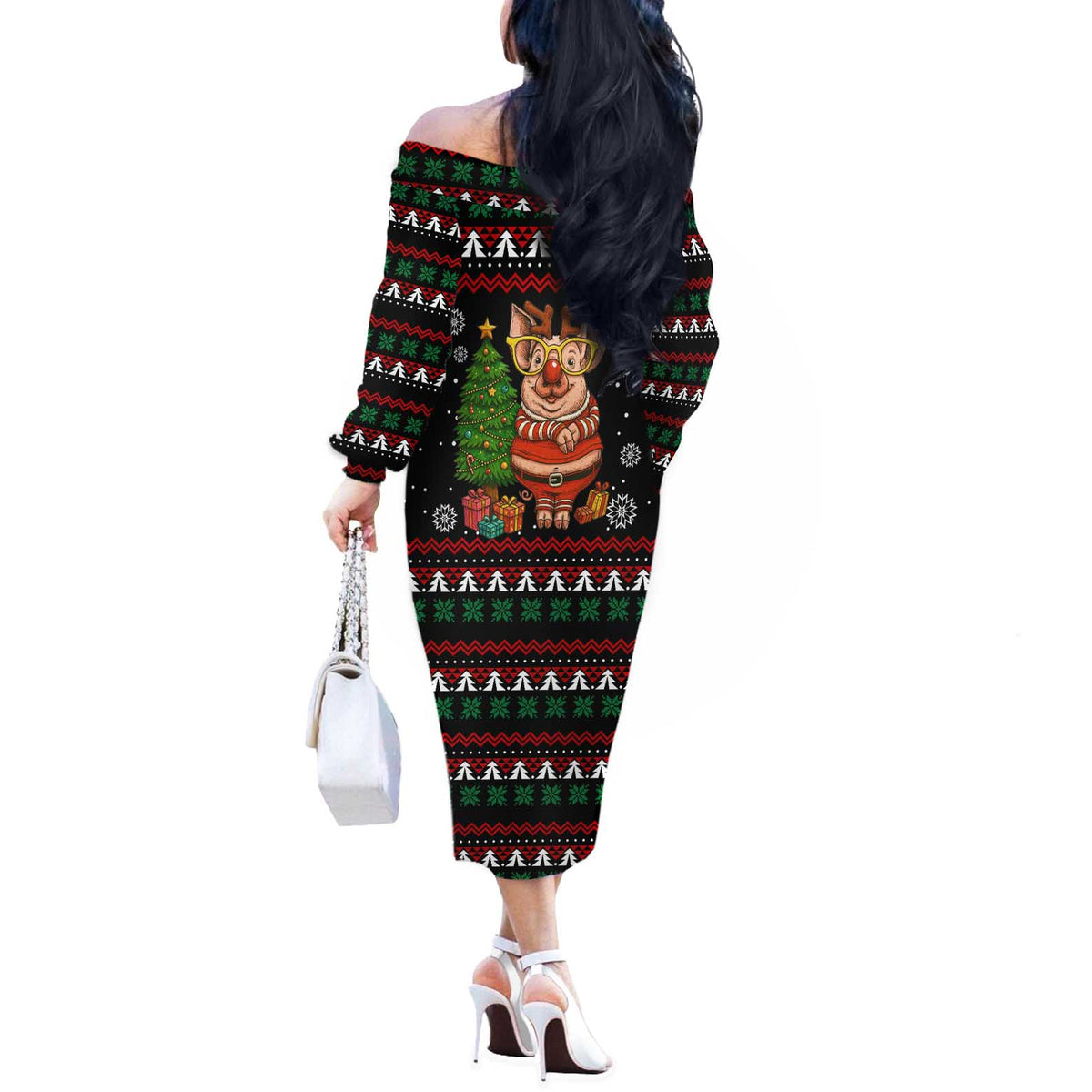 Pig Gorgeous Reindeer Christmas Off The Shoulder Long Sleeve Dress Xmas Holiday Patterns - Wonder Print Shop