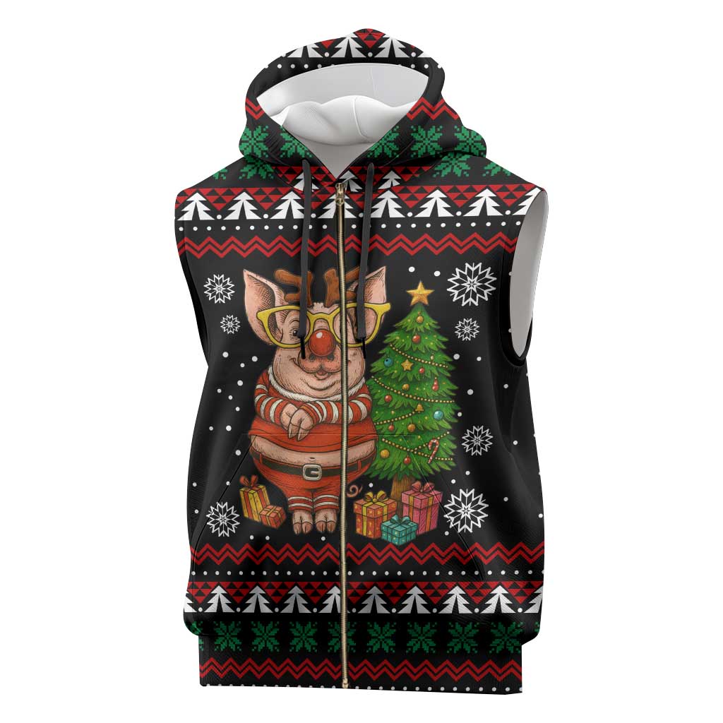 Pig Gorgeous Reindeer Christmas Sleeveless Zip Hoodie Xmas Holiday Patterns - Wonder Print Shop