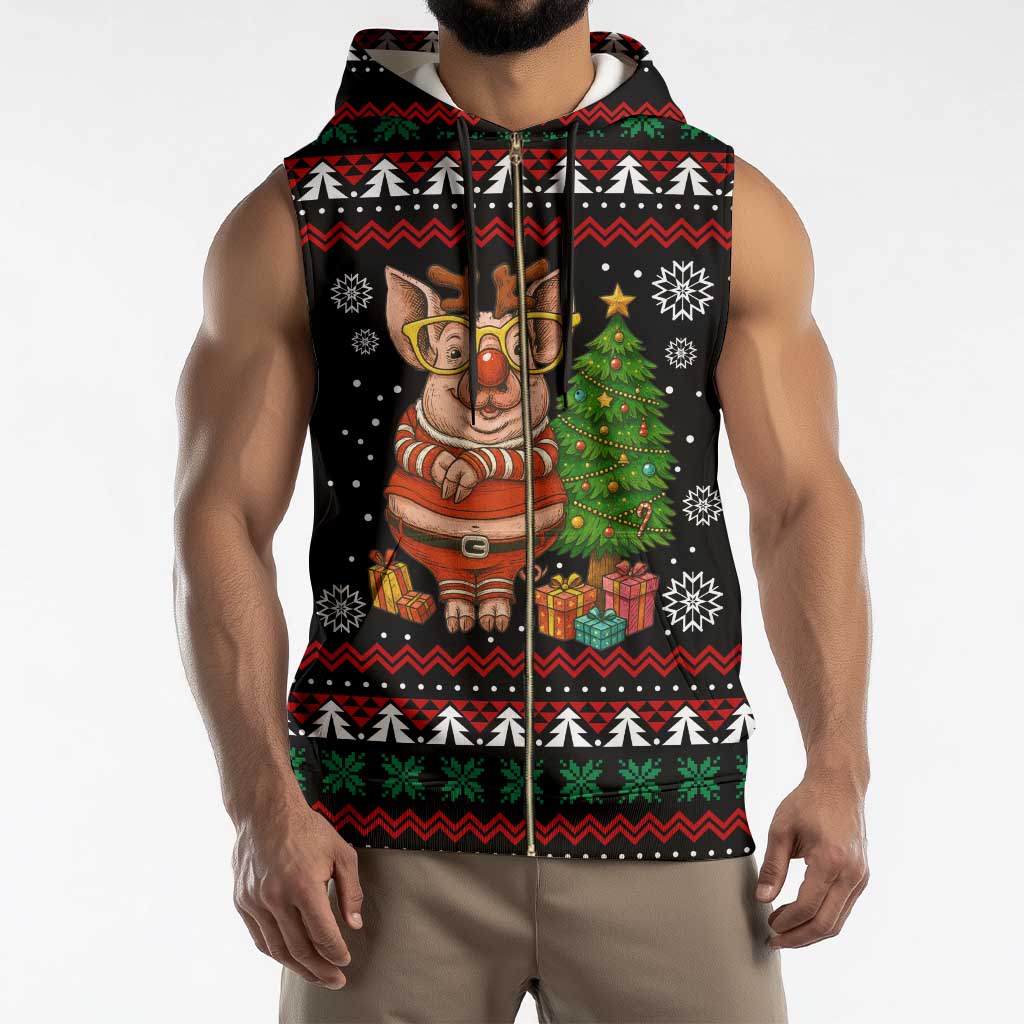 Pig Gorgeous Reindeer Christmas Sleeveless Zip Hoodie Xmas Holiday Patterns - Wonder Print Shop