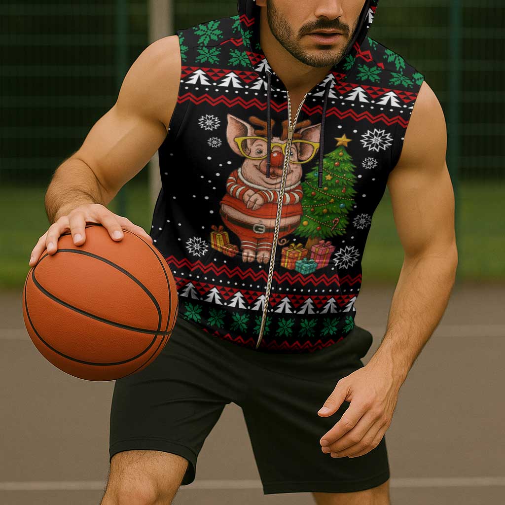 Pig Gorgeous Reindeer Christmas Sleeveless Zip Hoodie Xmas Holiday Patterns - Wonder Print Shop