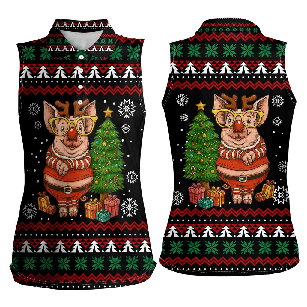 Pig Gorgeous Reindeer Christmas Women Sleeveless Polo Shirt Xmas Holiday Patterns - Wonder Print Shop