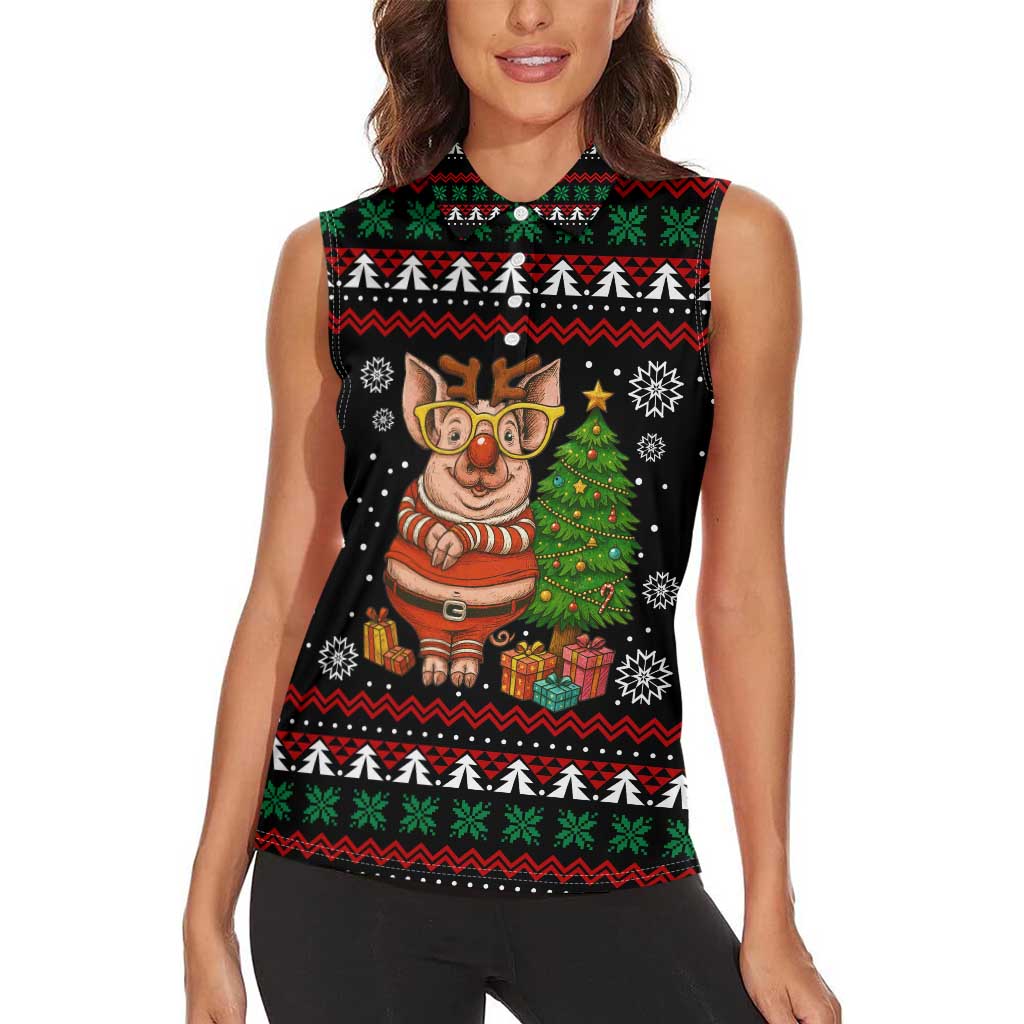 Pig Gorgeous Reindeer Christmas Women Sleeveless Polo Shirt Xmas Holiday Patterns - Wonder Print Shop