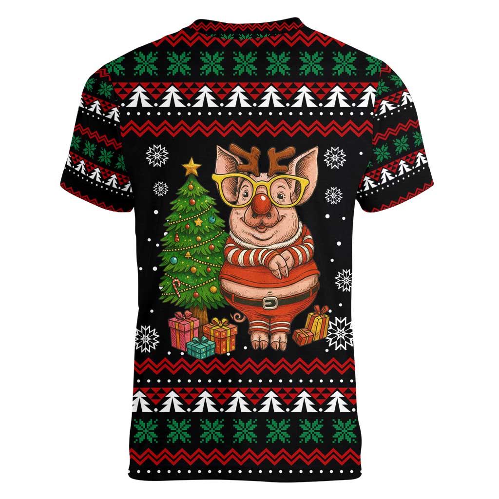 Pig Gorgeous Reindeer Christmas Women V-Neck T-Shirt Xmas Holiday Patterns - Wonder Print Shop