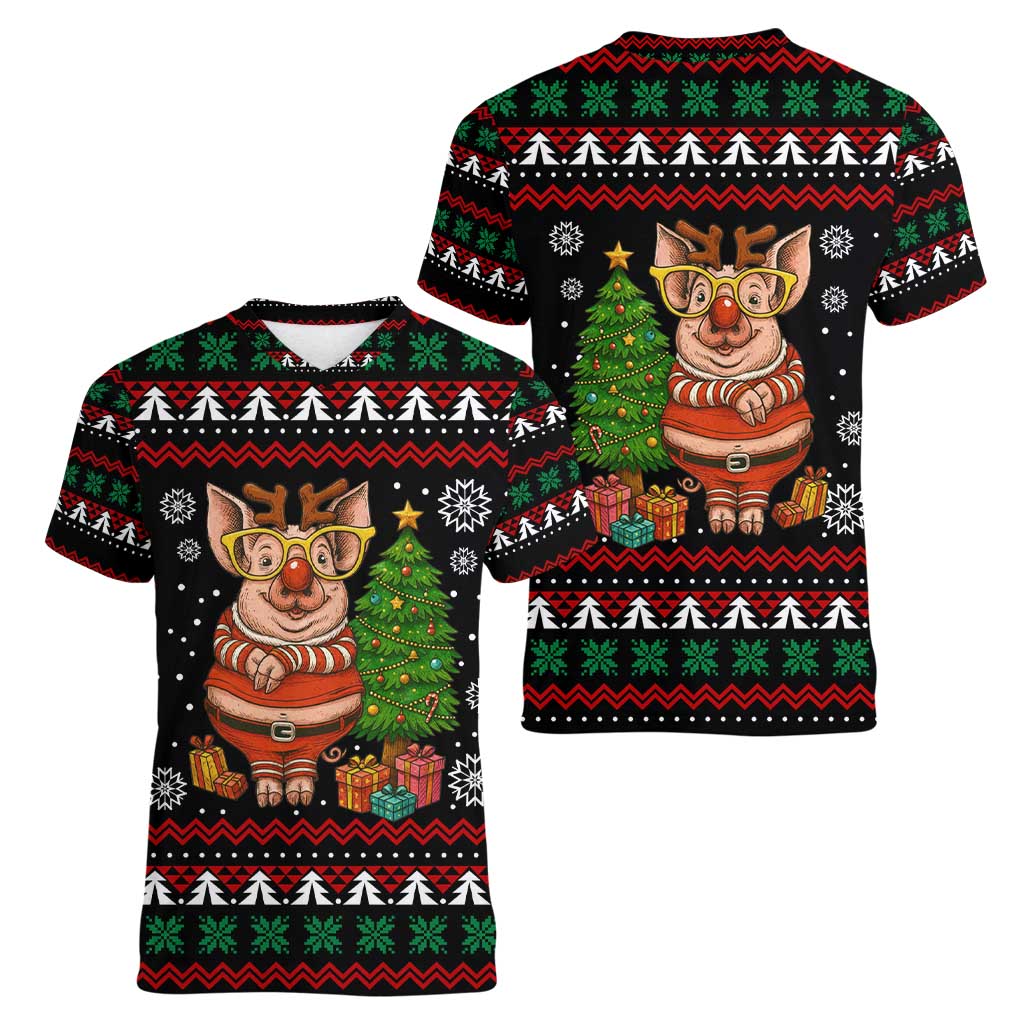 Pig Gorgeous Reindeer Christmas Women V-Neck T-Shirt Xmas Holiday Patterns - Wonder Print Shop