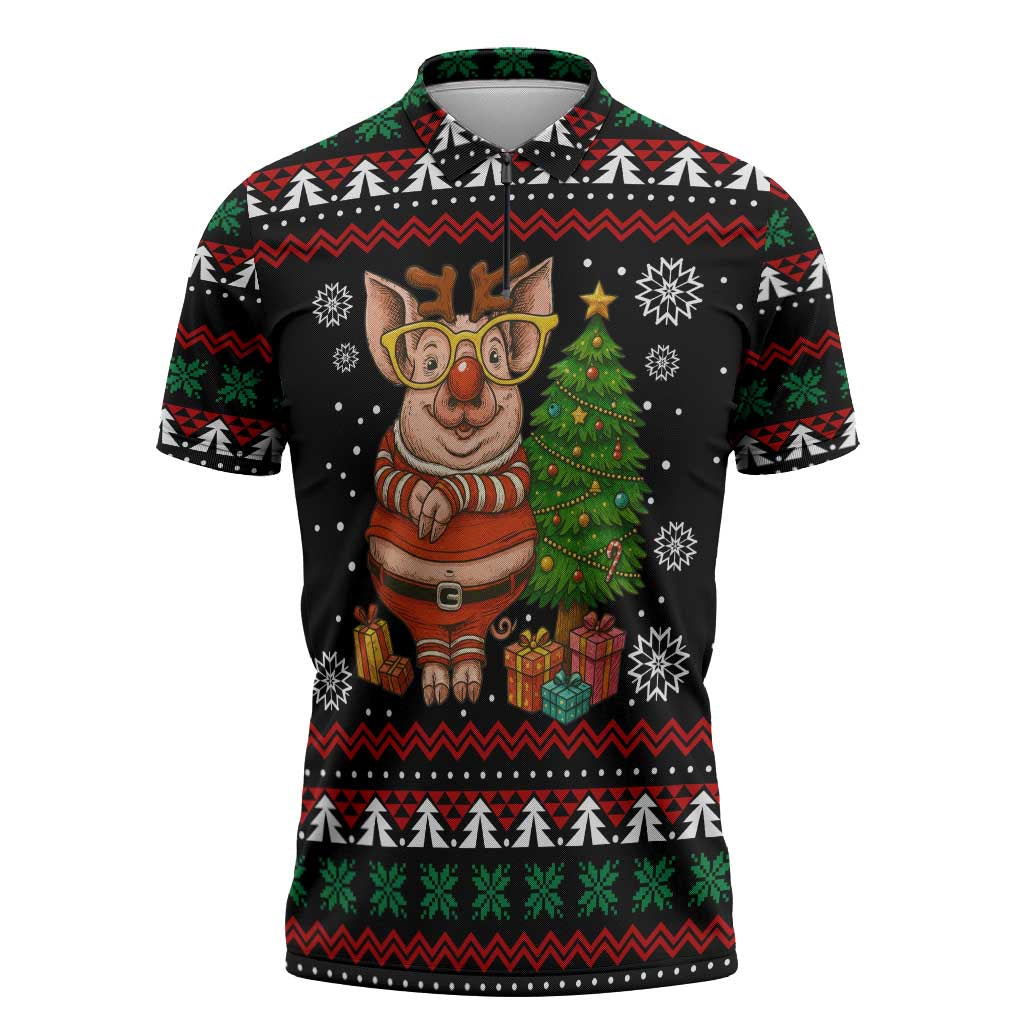 Pig Gorgeous Reindeer Christmas Zipper Polo Shirt Xmas Holiday Patterns - Wonder Print Shop