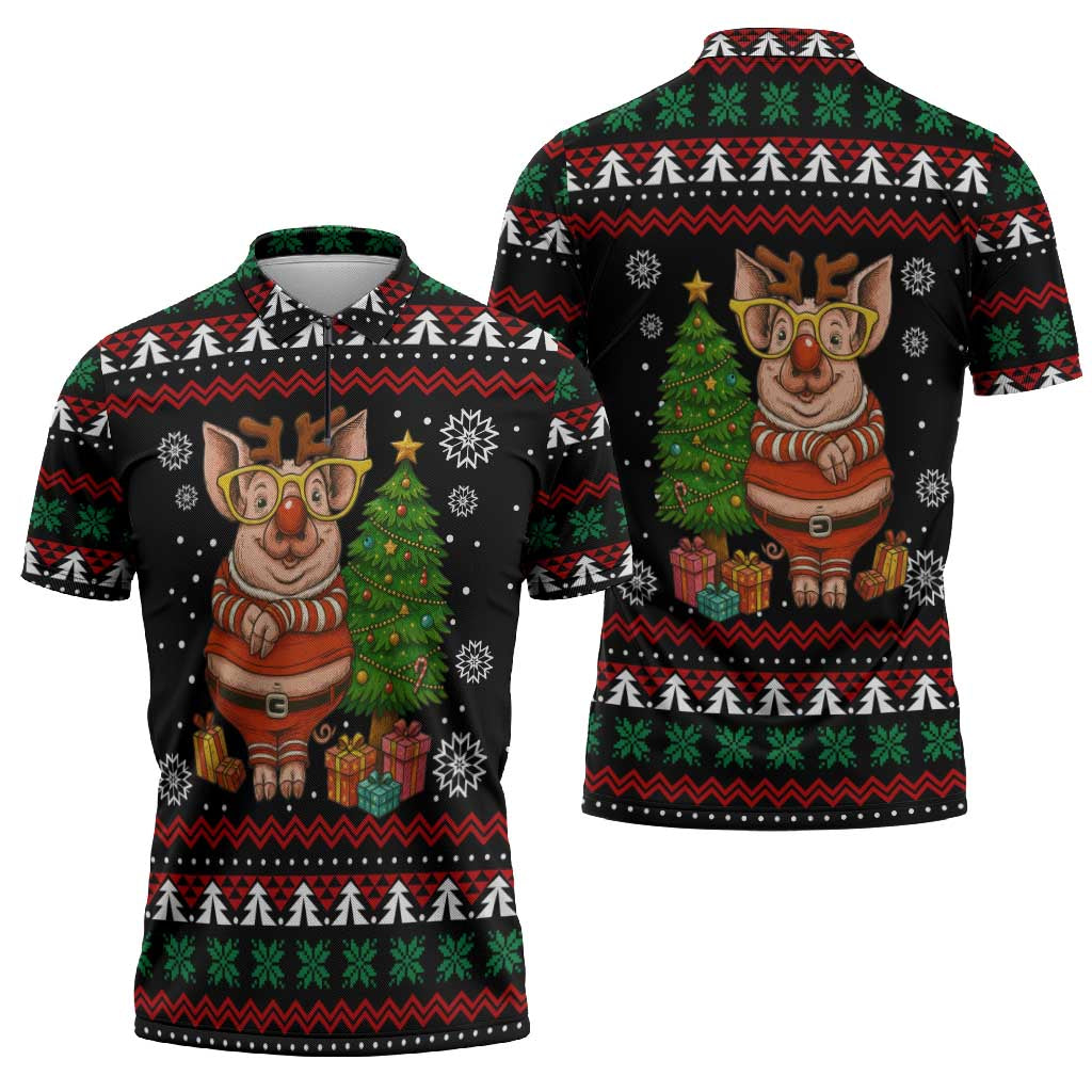 Pig Gorgeous Reindeer Christmas Zipper Polo Shirt Xmas Holiday Patterns - Wonder Print Shop