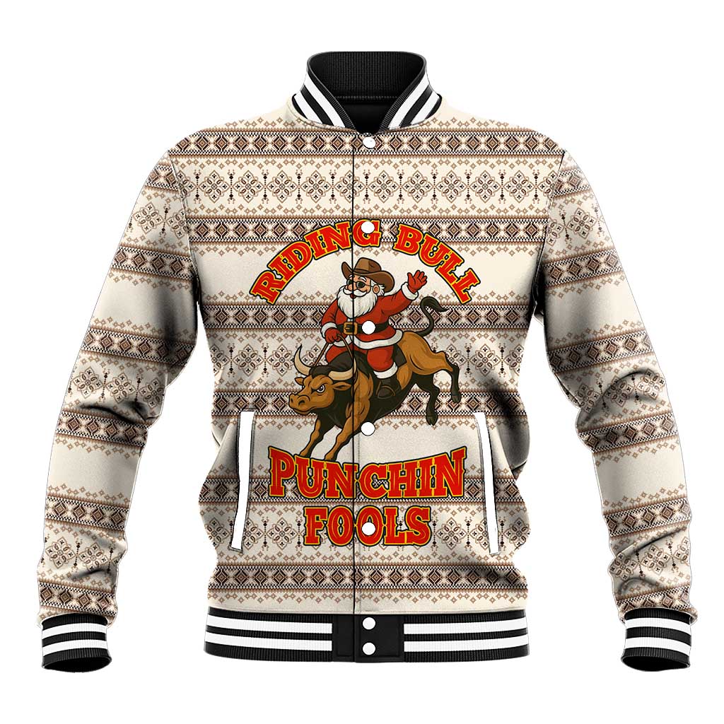 Riding Bulls Punchin Fools Christmas Baseball Jacket Xmas Holiday Patterns - Wonder Print Shop