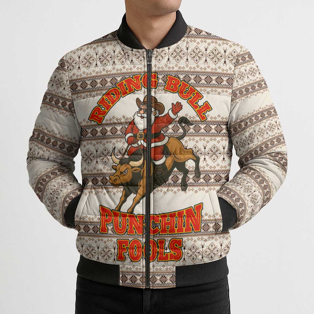 Riding Bulls Punchin Fools Christmas Bomber Puffer Jacket Xmas Holiday Patterns - Wonder Print Shop