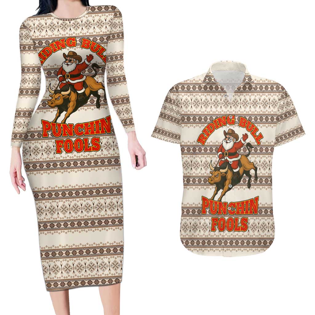 Riding Bulls Punchin Fools Christmas Couples Matching Long Sleeve Bodycon Dress and Hawaiian Shirt Xmas Holiday Patterns - Wonder Print Shop